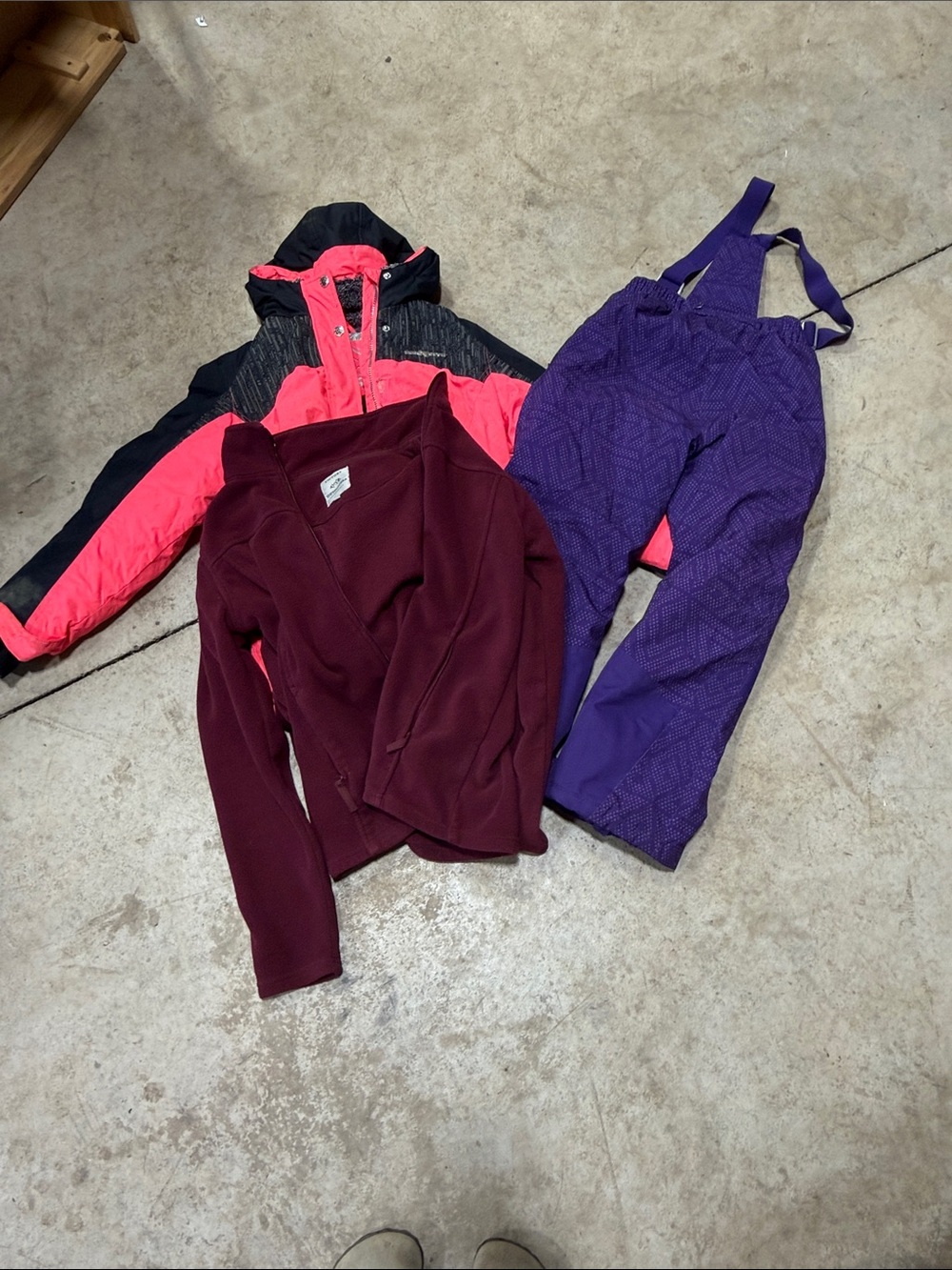 Kids Pink and Black Puffer Jacket with Purple Snow Pants